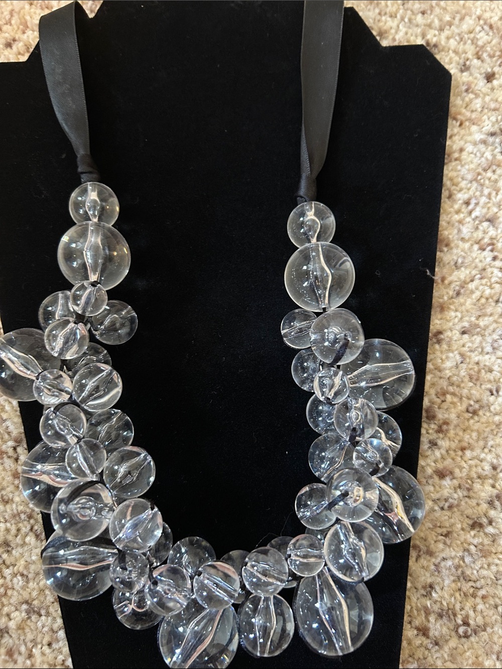 Clear Bead Statement Necklace with Black Ribbon - Women Jewelry